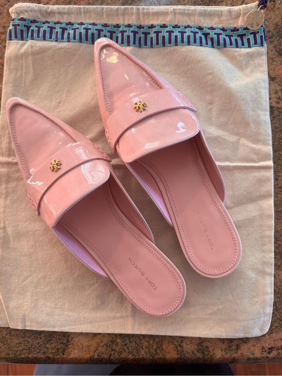 Tory Burch Shoes - Tory Burch Blush Pink Patent Leather Mule Loafers with Gold Logo
